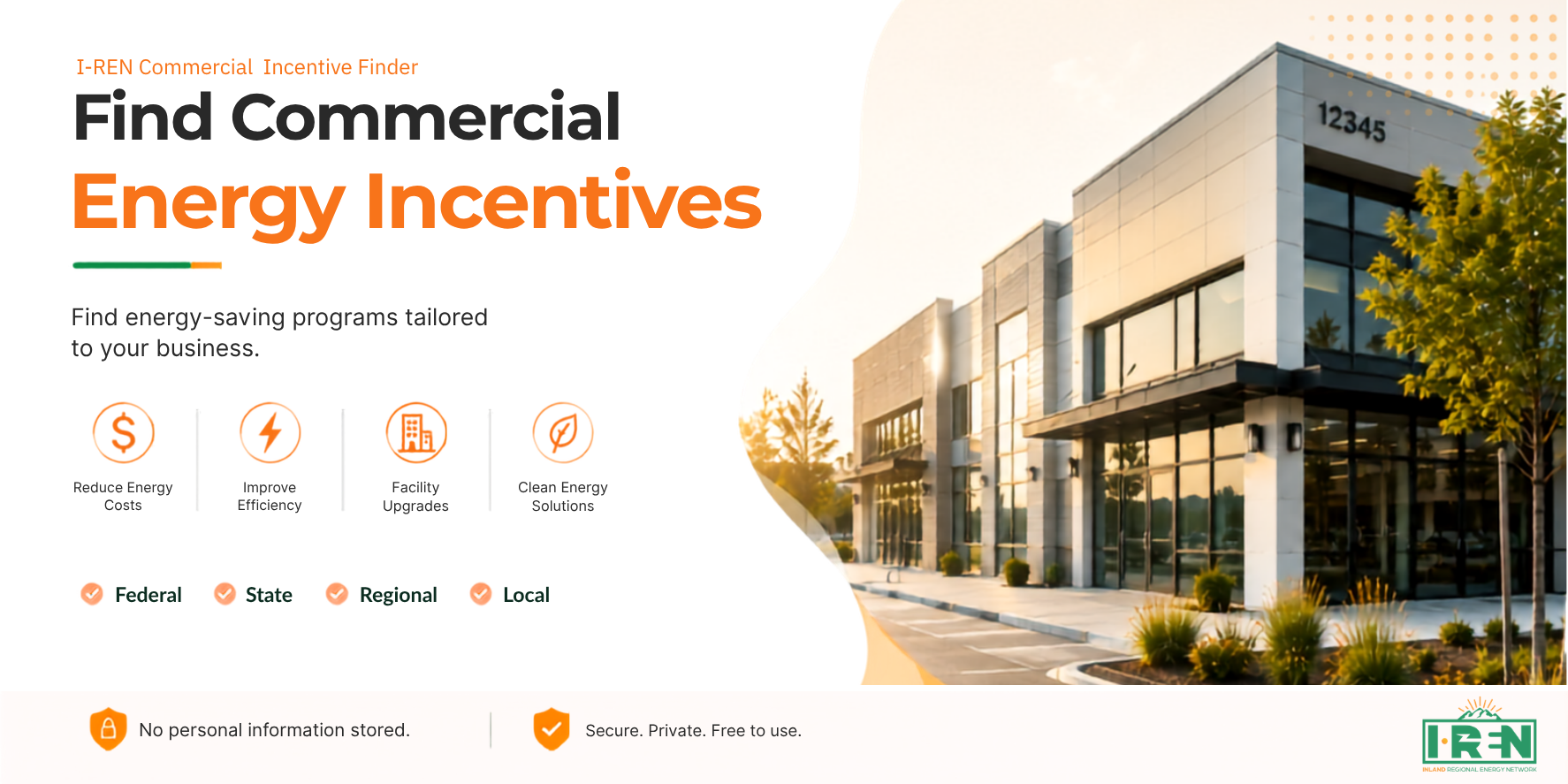 Web banner for I-REN commercial energy incentives with a photo of a commercial building.